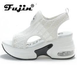 Fujin 8CM Air Mesh Breathable Women Sandals Comfy Shoes Fashion Summer Fish Toe Platform Wedge High Hidden Heels Ladies 240509