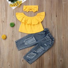 Clothing Sets Girls Summer Clothes Set Kids Solid Colour Off Shoulder Sleeveless Ruffle Tops Ripped Jeans Headband 3Pcs Casual Outfits