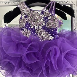 Purple Cupcake Toddler Infant Kids Pageant Dress 2021 Velvet Organza Ruffles Glitz Little Girl Party Gowns Zipper Back Mini Short 299g