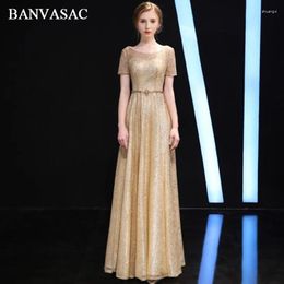 Party Dresses BANVASAC 2024 O Neck Sequined A Line Long Evening Lace Short Sleeve Crystal Sash Backless Prom Gowns