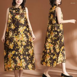 Ethnic Clothing 2024 Traditional Chinese Vintage Qipao Dress National Flower Print Cotton Linen Cheongsam Oriental Sleeveless Folk