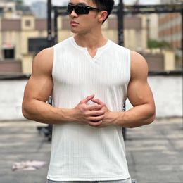 Men's Tank Tops Vest Classic V-Neck Sleeveless T-Shirt Summer Gym Running Training Vertical Stripe Quick Dry Breathable Elastic