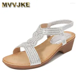Dress Shoes Anti-skid Soft Sole Rhinestone Wedge Heel Sandals Bling Wedges Women Rhinestones Sandalias Female Summer Luxury Leather Crystal