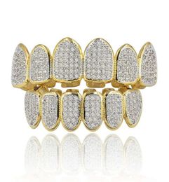 Gold Silver Plated Hip Hop Vampire Teeth Grillz Top and Bottom Iced Out Micro Pave CZ Stone Bling Body Jewelry1034489