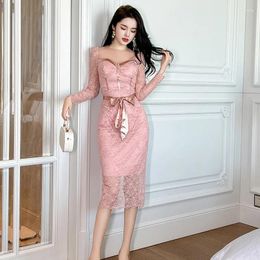 Casual Dresses French Long Sleeve Lace Dress Square Collar Lace-up A-line Slim Solid Pink Autumn And Winter Elegant For Women