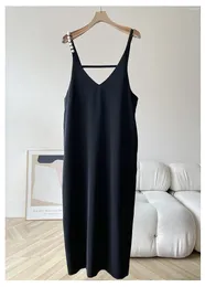 Casual Dresses Arrival Women Black Deep V-neck Suspender Long Dress With Peal Lady Sleeveless Slim Daily One-piece