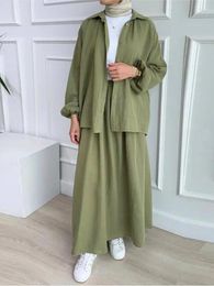Work Dresses Casual Spring A-line Pleat Skirt Set Single Breasted Lantern Sleeve Shirts And Loose Elatic Waist 2 Pece Women Outfit