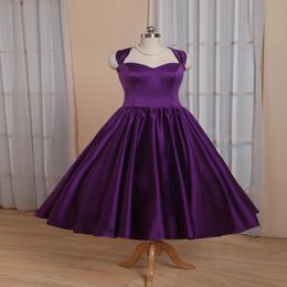 Setwell Elegant Purple Sweetheart A-line Evening Dress Sleeveless Tea Length Pleated Satin Prom Party Formal Gown 264S