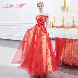 Party Dresses AnXin SH Princess Red Lace Boat Neck Long Evening Dress Luxury Beading Rose Flower Crystal A Line 1167
