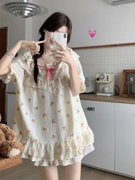 Home Clothing Bear Cute Print Princess Lace Cotton Short Sleeve O-Neck Korean Sweet Pyjama Set Women Loose Elegant Casual Half Pants