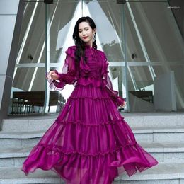 Casual Dresses Women Spring Autumn Chiffon Dress Retro Temperament Stand Neck Ruffled Bubble Long-sleeved Waist Slimming A-line Pleated