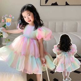 Girl's Dresses Summer Girl Casual Dress Little Girl Baby Bubble Sleeve Mesh Princess Dress Childrens Birthday Rainbow Fluffy Dress Childrens Clothing Y240514