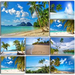 Beach Landscape Canvas Paintings Coconut Nut Tree Pictures Tropical Palm Trees Wall Art Poster Nature Scenery for Home Decor Unframed