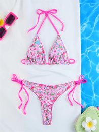 Women's Swimwear Floral Print Triangle Bikini Thong Swimsuit Separate Pink Flowers Backless Brazil Beach Women Ruched Bathing Swim Suits