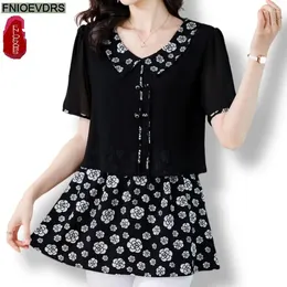 Women's Blouses L-5XL Loose Clothes 2024 Summer Drawstring Waist Tops Short Sleeve Lace-Up Women Tunic Flower Floral Print Peplum Shirts