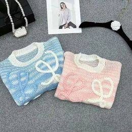 Female loose O-neck blue and pink striped logo embroidered designer sweater SMLXLXXL