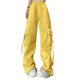 Women's Pants Female Pockets Autumn Spring Loose Solid Color Straight Wide-leg Y2k Baggy Casual Elastic Waistband Fashion