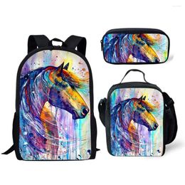 School Bags 3D Horses Printed Backpack Lunch Bag Pencil Case 3Pcs/Set Student Campus Storage Teenager Boys Girls Supplies Book