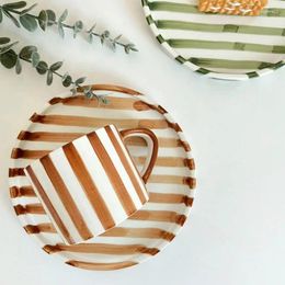 Mugs Striped Ceramic Coffee Mug Vintage Creative Cup With Plate Set Drinkware Milk Tea Water Coffeeware Teacup