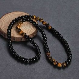 Beaded Necklaces Mens Bead Black Obsidian Tiger Eye Stone Treatment Chakra Necklace 24 inches d240514