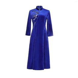 Ethnic Clothing 2023 Winter Black Veet Qipao Chinese Style A-Line Embroidery Dress Wedding Costume Fashion Slim Blue Wine Red Drop D Dh5Om