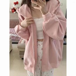 Women's Jackets Women Coat Pink Hooded With Zipper Lazy Style Cardigan Casual Versatile Age Reducing College Trend Medium Strecth