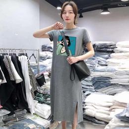 Party Dresses T Shirt Dress Women Summer Casual Loose Short Sleeve O Neck Tunic Long Maxi Side Slit Print Color Clothes