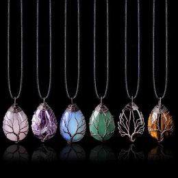Pendant Necklaces Tree of Life 7 Chakra Natural Gem Necklace Crystal Energy Therapy Handmade Pendant Necklace Yoga Jewellery Vintage Women J240513