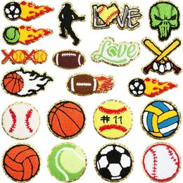 Chenille Iron on Patches All Kinds of Ball Games Sew on Embroidered Applique Patch with Gold Edges for Clothes Jeans Jacket Hat Dress DIY Accessories