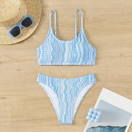 Women's Swimwear Wave Stripe Print 2 Piece Swimsuit For Women 2024 Light Blue Bikini Set Pleated Fabric Summer Beach Vacation Bathing Suit
