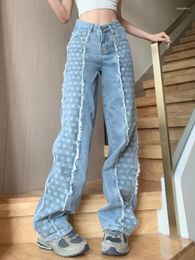 Women's Jeans Women Vintage Denim Splicing Fashion Wide Leg Lady High Waisted Casual Loose Baggy Slim Slacks Stretch Straight