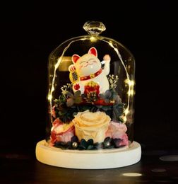 Decorative Flowers Wreaths Eternal Rose With Lucky Cat Artificial Flower Feng Shui Figures Decoration In Glass For Valentine Gif652165377