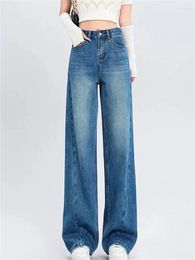 Women's Jeans Women Blue High Waist Straight 2024 Spring Ladies Beaded Chain Temperament Comfortable Versatile Denim Trousers