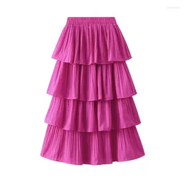 Skirts Wooden Ear Edge Patchwork Pleated Large Hem Skirt 2024 Summer Mid Length Cake