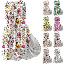 Casual Dresses Women's Fashion Floral Printed Lapel Buttoned Seven-Point Sleeved Dress With Tie-Downs Elegant Vestidos Largos