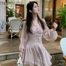 Casual Dresses TEROKINIZO Square Collar Long Sleeve Dress Women Folds Slim Fit A-line Mini Female Solid Colour Sweet Gentle Robe Femme