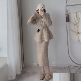 Work Dresses Elegant 2 Pieces Set Women 2023 Autumn Winter Knitted Cardigan Sweater Bodycon Office Lady Skirts Suit Clothing S112 Dr Dhqqz