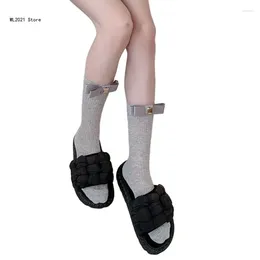 Women Socks Metal Label Bowknot Cotton Ribbed Knit Striped Over Calf For
