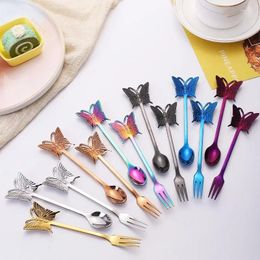 Coffee Scoops Stainless Steel Spoon Teaspoon Gold Plated Sugar Dessert Fruit Fork Mirror Polishing Butterfly Handle Dinnerware