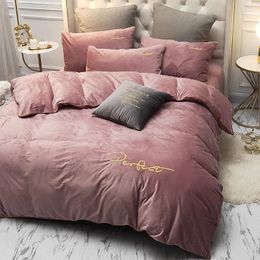Bedding Sets Nordic Crystal Velvet Embroidery With Piping Flannel 4 Piece Home Textile Quilt Cover Sheet Pillowcase No Inner