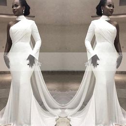 African White High Neck Satin Mermaid Evening Dresses One Shoulder Ruched Sweep Train With Wrap Formal Party Red Carpet Prom Gowns 263f