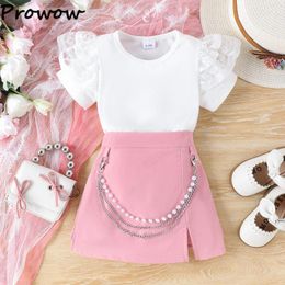 Clothing Sets Prowow 2024 Kids Clothes Girl Lace Sleeve T-Shirts Chain Beading Split Skirt Pants 3pcs Children's Outfits Summer