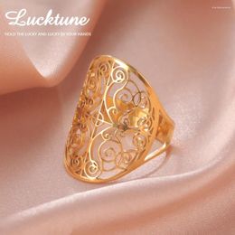 Cluster Rings Lucktune Baroque Flower Of Life Stainless Steel Gold Color Adjustable Finger Ring For Women Vintage Jewelry Couple Gift