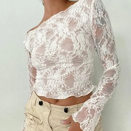 Chic Women Long Sleeve T-shirt 90s Vintage Fairy Coquette Floral Lace Sheer Crop Tops Sexy See Through Tees Y2K Streetwear 240514
