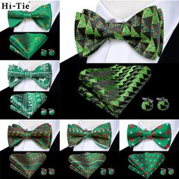 Bow Ties Hi-Tie Jacquard Green Silk Christmas Mens Self Tie Hanky Cufflinks Male Butterfly Knot Xmas Gift Bowtie Wholesale For