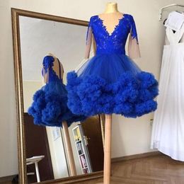 2022 Nude Royal Blue Prom Dress Cocktail Party con ruffles Lace Bateau Vedi anche se short Homecoming Dress Abito da sera 222W