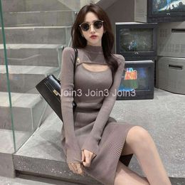 New design womens autumn long sleeve o-neck hollow out knitted sexy bodycon tunic sweater dress SMLXL