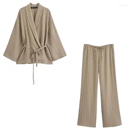 Home Clothing Retro Women Lace Up Kimono Shirt Pant Pijamas Sets Casual High Waist Wide Leg Trouser Suits Summer Sleepwear 2 Piece Outfits