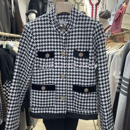 New Autumn fashion womens houndstooth plaid grid tweed woolen long sleeve stand collar coat jacket plus size SML