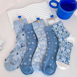 Women Socks 2 Pairs Women's Spring Autumn Retro Ins Blue Flowers Students Leisure Breathable Mid-calf Cotton